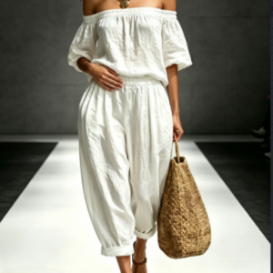 2026 New One Shoulder Bubble Sleeve Top And Elastic Waist Lantern Pants Set