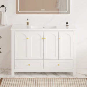 48 White Bathroom Vanity With Resin Sink Combo, Abundant Storage Cabinet -4 Soft Close Doors And 2 Drawers