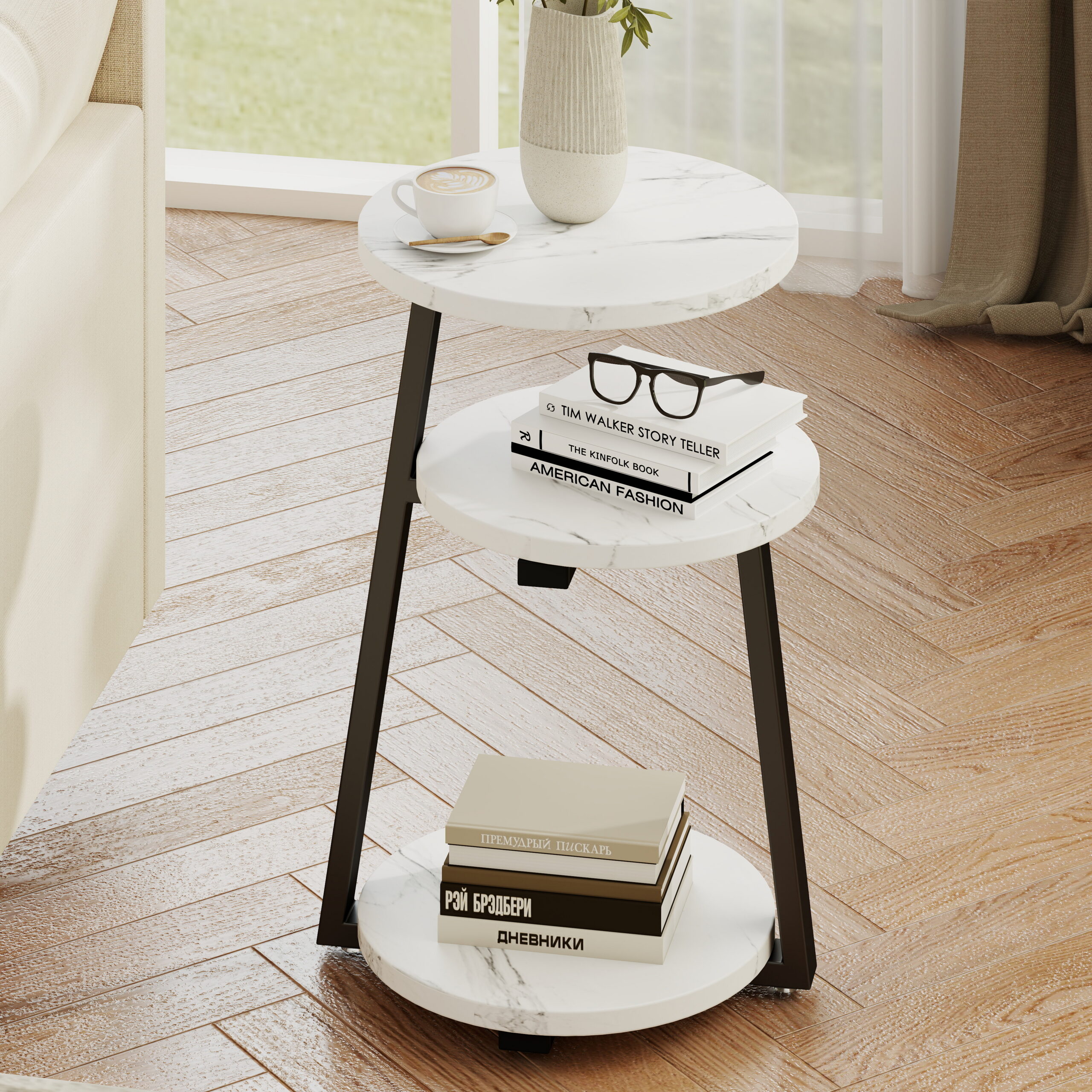 Small Round Side Table With 3-Tier Storage - White Black End Table, Sturdy Metal Frame Nightstand, Compact Couch Table For Bedroom Living Room