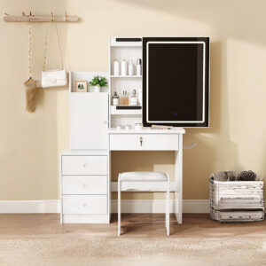Vanity Desk Set With Sliding Lighted Mirror, Makeup Dressing Table With 4 Drawers & 9 Storage Spaces, Hidden Compartments And Cushioned Stool, White Beauty Furniture For Bedroom
