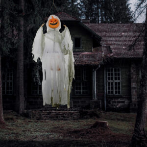 3.9 Outdoor Halloween Hanging Pumpkin Ghost w/ Light Up Eyes, Sound Activated Prop w/ Creepy Howling Sounds