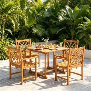 5-Piece Acacia Wood Patio Dining Set for 4, Square Outdoor Table with Umbrella Hole & Ergonomic Slatted Armchairs, Breathable Backyard Balcony Furniture Set