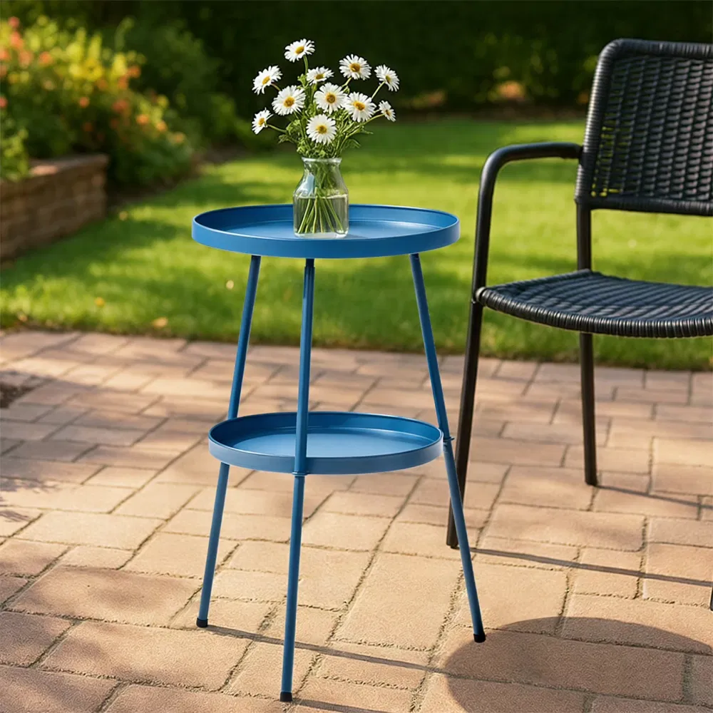 Round 2-Tier Small SideTable, Navy Blue Metal Frame, 12.6 Inch Diameter Compact EndTable, Adjustable Non-Slip Feet, Indoor Outdoor Table for Living Room Bedroom Patio Balcony