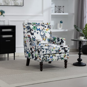 Upholstered Accent Chair, Vintage Armchair With Butterfly Linen Fabric And Nailhead Trim For Living Room