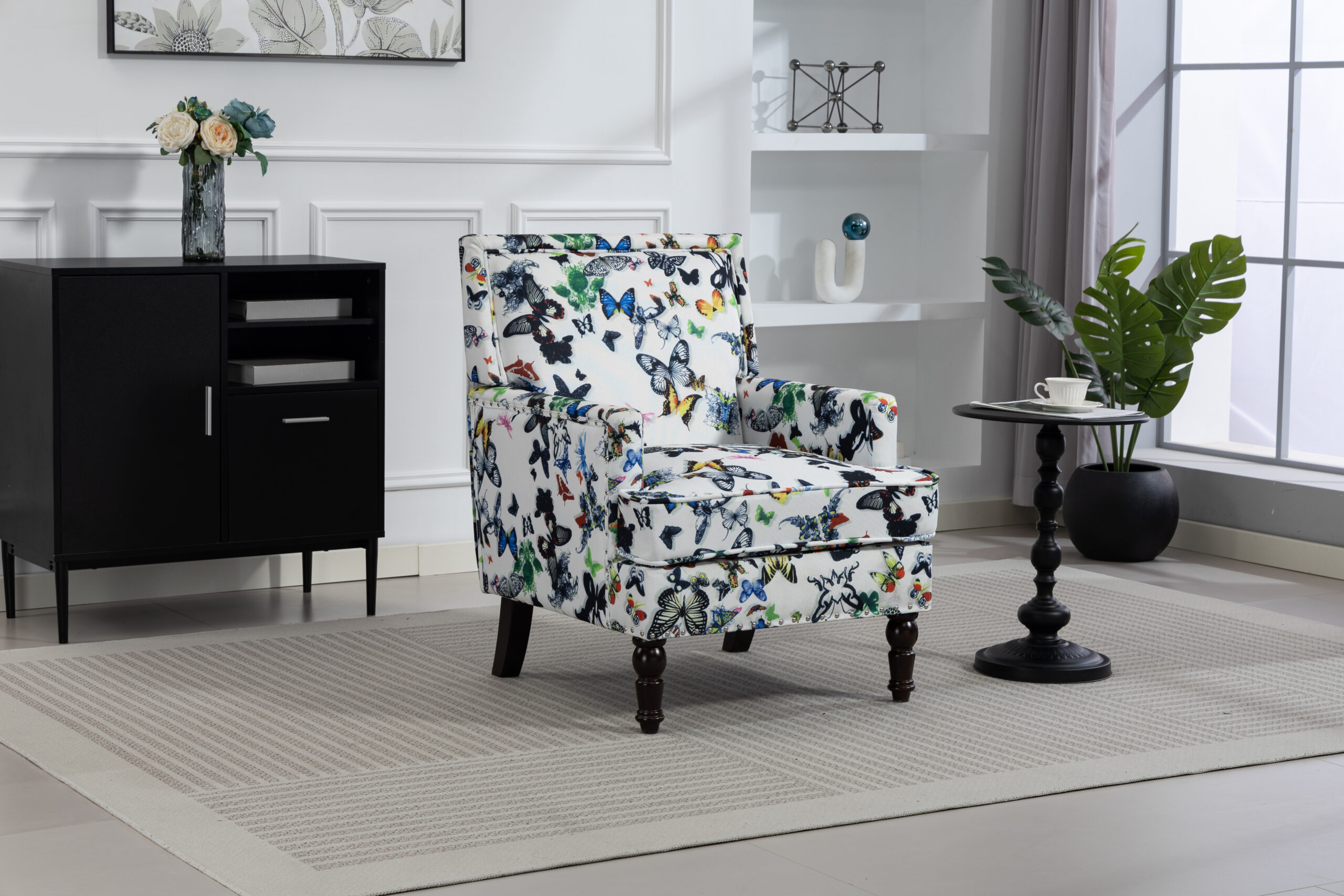 Upholstered Accent Chair, Vintage Armchair With Butterfly Linen Fabric And Nailhead Trim For Living Room