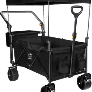 Collapsible Wagon Heavy Duty Wagons Carts Foldable with Removable Canopy, Foldable Wagon Cart with Wheels for All-Terrain with Brake, for Camping Beach Shopping