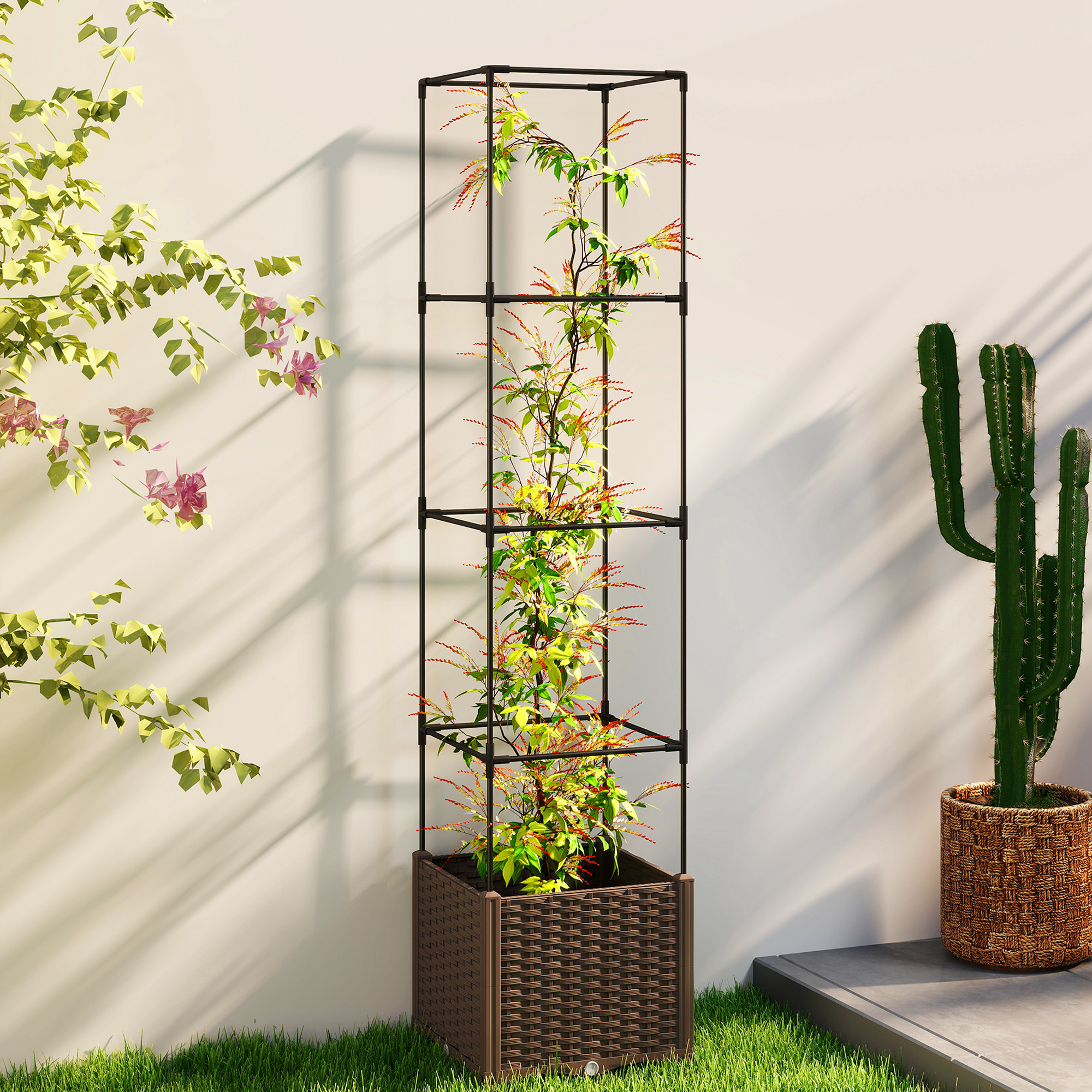 Raised Garden Bed with Trellis, Tomato Cage with Lockable Wheels, Self Watering Planter Box with Drainage Holes, Brown