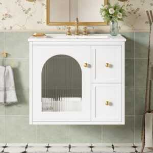 24 Bathroom Vanity Set Wall Mounted For Small Space, Bathroom Cabinet With Ceramic Sink, 2 Drawers And 1 Soft-Close Door
