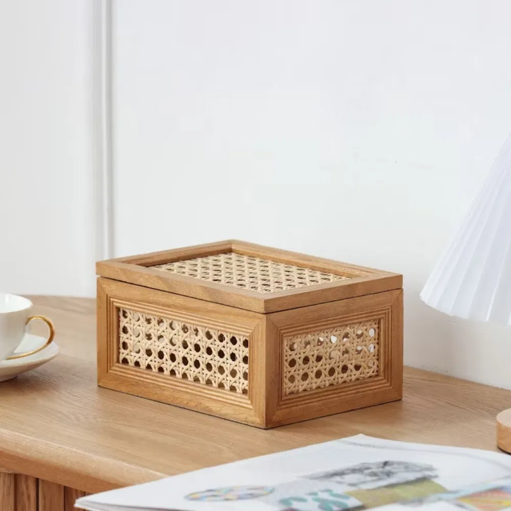 Oblong Rattan and Wood Decorative Tabletop Box