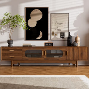 78inch TV Stand for TVs Up to 85", Modern TV Cabinet with Fluted Glass Doors & 2 Drawers, for Living Room, Entertainment Center with Cable Management, Solid Wood Legs