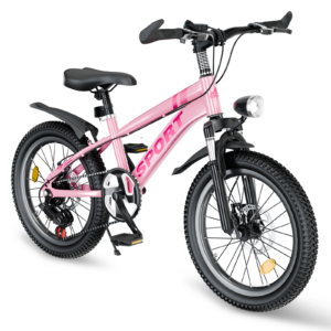 FKZNPJ 24 Inch Kids Mountain Bike For Boys & Girls Ages 7-12 - 7-Speed Gears, Dual Disc Brakes, Shock Absorber Front Fork, LED Light Silver Pink