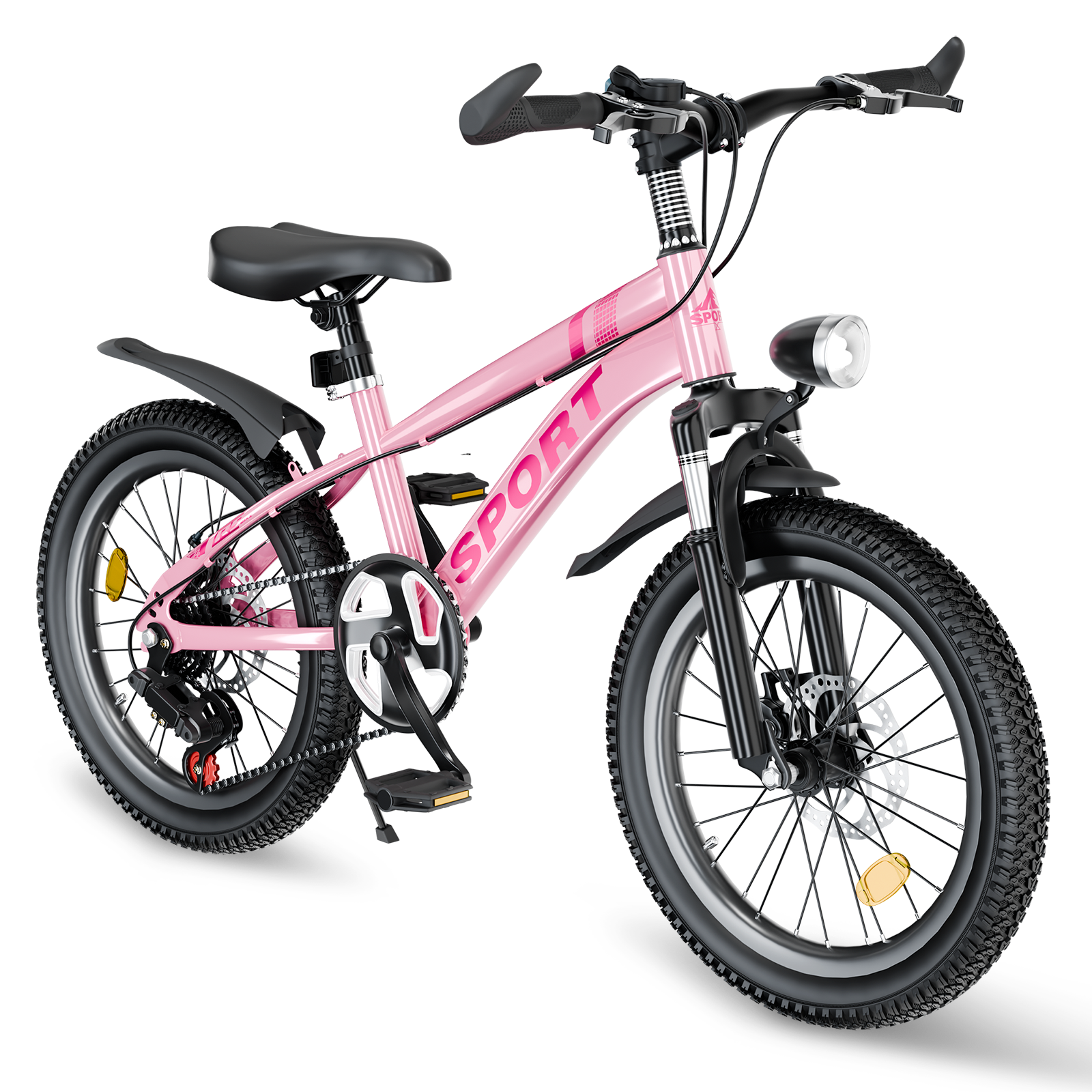 FKZNPJ 24 Inch Kids Mountain Bike For Boys & Girls Ages 7-12 - 7-Speed Gears, Dual Disc Brakes, Shock Absorber Front Fork, LED Light Silver Pink
