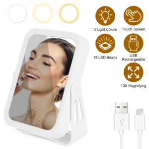 10X Magnifying LED Travel Makeup Mirror, 3 Light Modes Double-Sided Mirror with Smart Touch Sensor, USB Rechargeable for Valentine's Day Gift