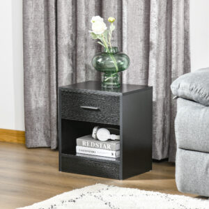 Modern Side Table with Drawer and Storage Shelf, End Table for Living Room, Black Wood Grain