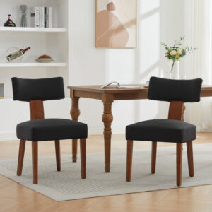 064-Set of 2 Linen Fabric Modern Armless Dining Chairs With Curved backrest and Solid Wooden Legs for Dining Room Living Room ,Black