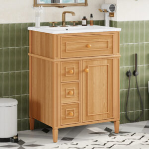 24 Bathroom Vanity With Sink, Wood Vanity Cabinet With Flip-Out Drawer, 2 Soft-Close Drawers, 1 Soft-Close Door, Solid Wood & MDF, Elegant Wood Handles