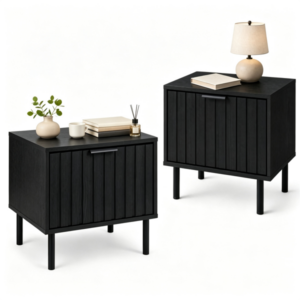 Black Fluted Drawer Nightstand Set Of 2, Engineered Wood Metal Side End Table With Adjustable Foot Pads, Modern Storage Bedside Table For Small Bedroom Living Room