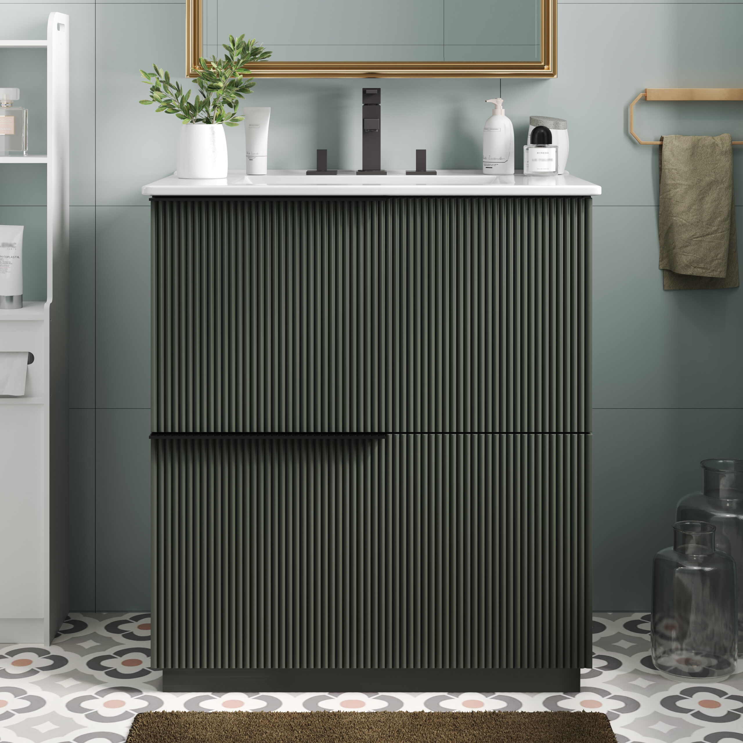 30 Bathroom Vanity With Ceramic Sink And Full-Extension Drawers, Soft Close Undermount Drawer Slides, Fluted Design, Green