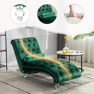 Velvet Chaise Lounge Indoor,Button-Tufted Upholstered Chaise Lounge Chair With Pillow For Bedroom Living Room Office Emerald Velvet