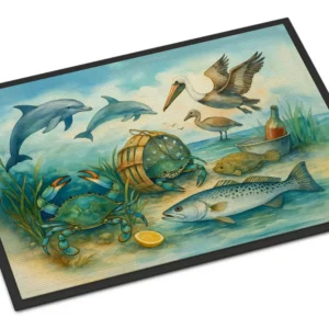Along the coast - Crab Pelican Dolphins Doormat Front Door Mat Indoor Outdoor Rugs for Entryway, Non Slip Washable Low Pile, 24H X 36W