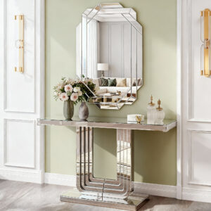 Mirrored Console Table, Silver Entryway Table With U Base & Hand-Spliced Line Design For Living Room, Hallway, Foyer, 47 Inch