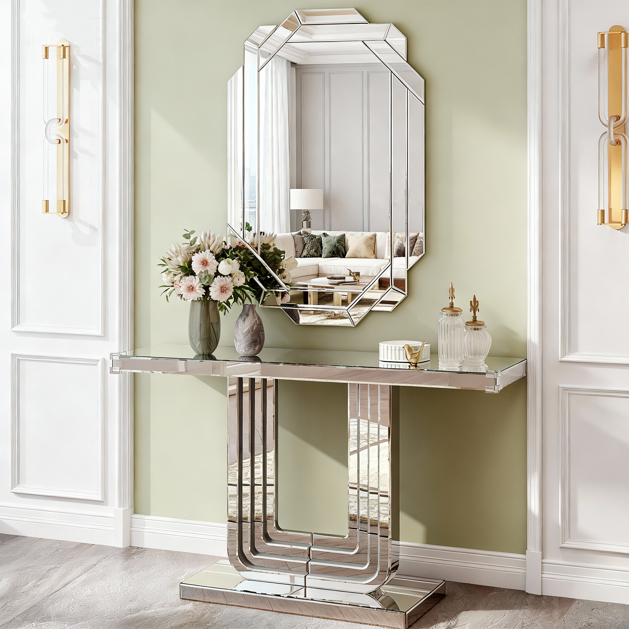 Mirrored Console Table, Silver Entryway Table With U Base & Hand-Spliced Line Design For Living Room, Hallway, Foyer, 47 Inch