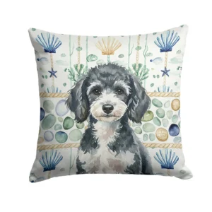 Miniature Parti Poodle Coastal Sea Glass Throw Pillow Decorative Indoor Outdoor Accent Cushion for Couch, Bed or Patio, 14Hx14W