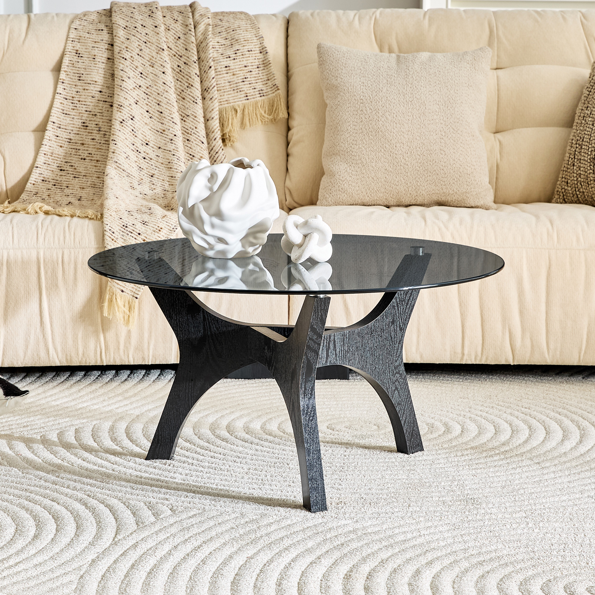 31.5 Glass Coffee Table, Mid-Century Modern Style, Ideal As A Centerpiece For Living Rooms, Bedrooms, Reception Areas, And Offices Black Wood Grain