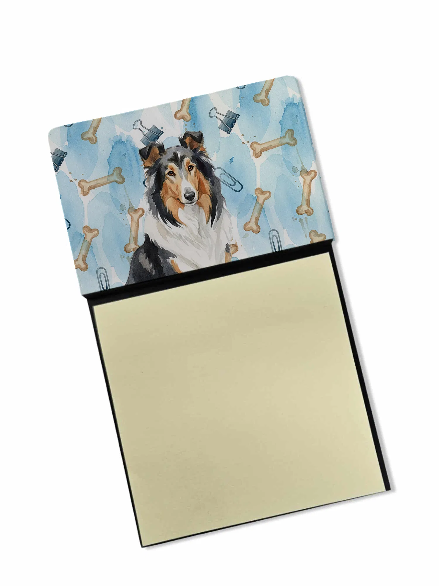 Tricolor Collie Coworker Watercolor Sticky Note Holder Refillable Dispenser Desk Accessory 3x3 Pad Gift