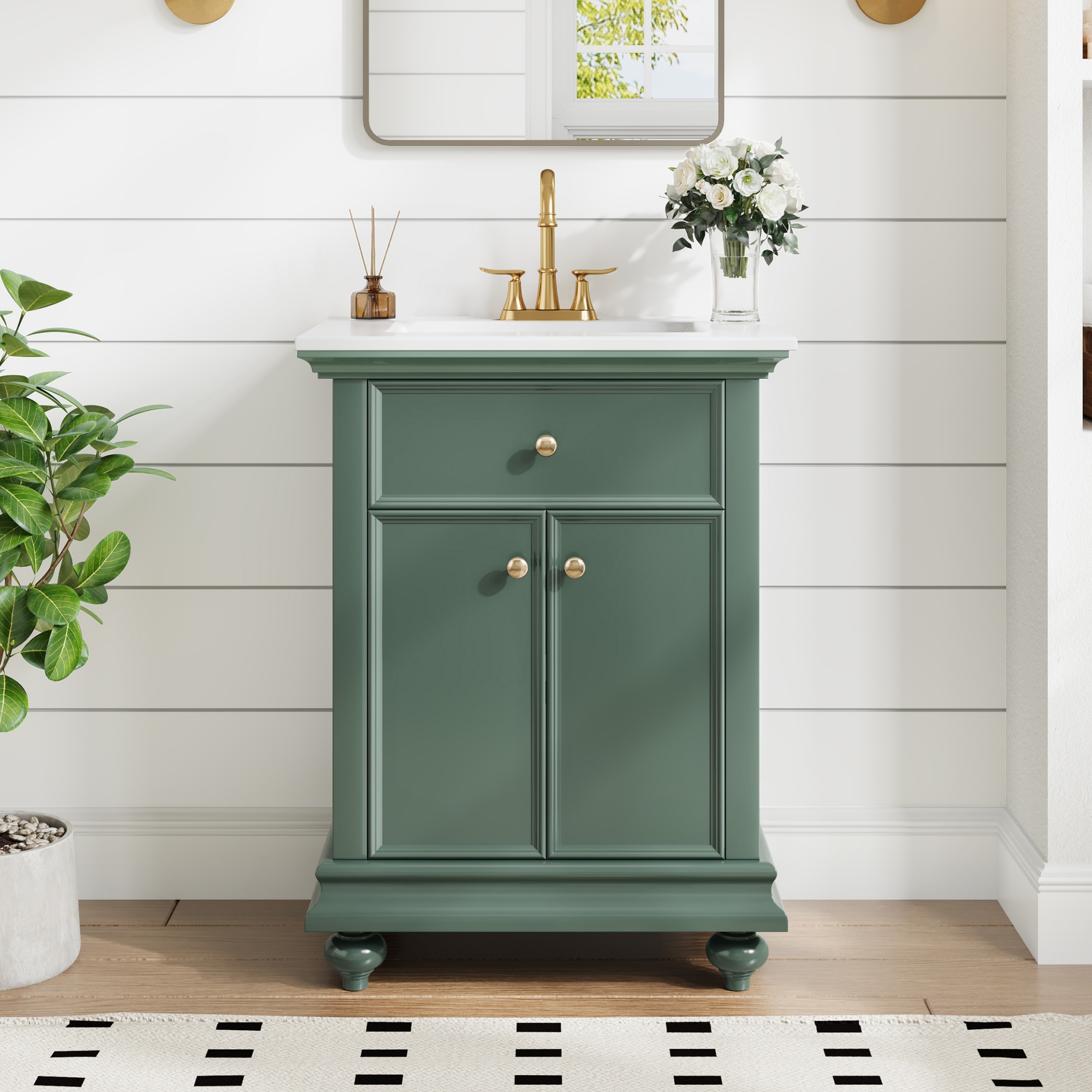 24" Modern Bathroom Vanity with A Tip-Out Drawer & Soft-Close Hinges, Bathroom Cabinet with Back Open Structure, Ball-Turned Legs with French Elegance