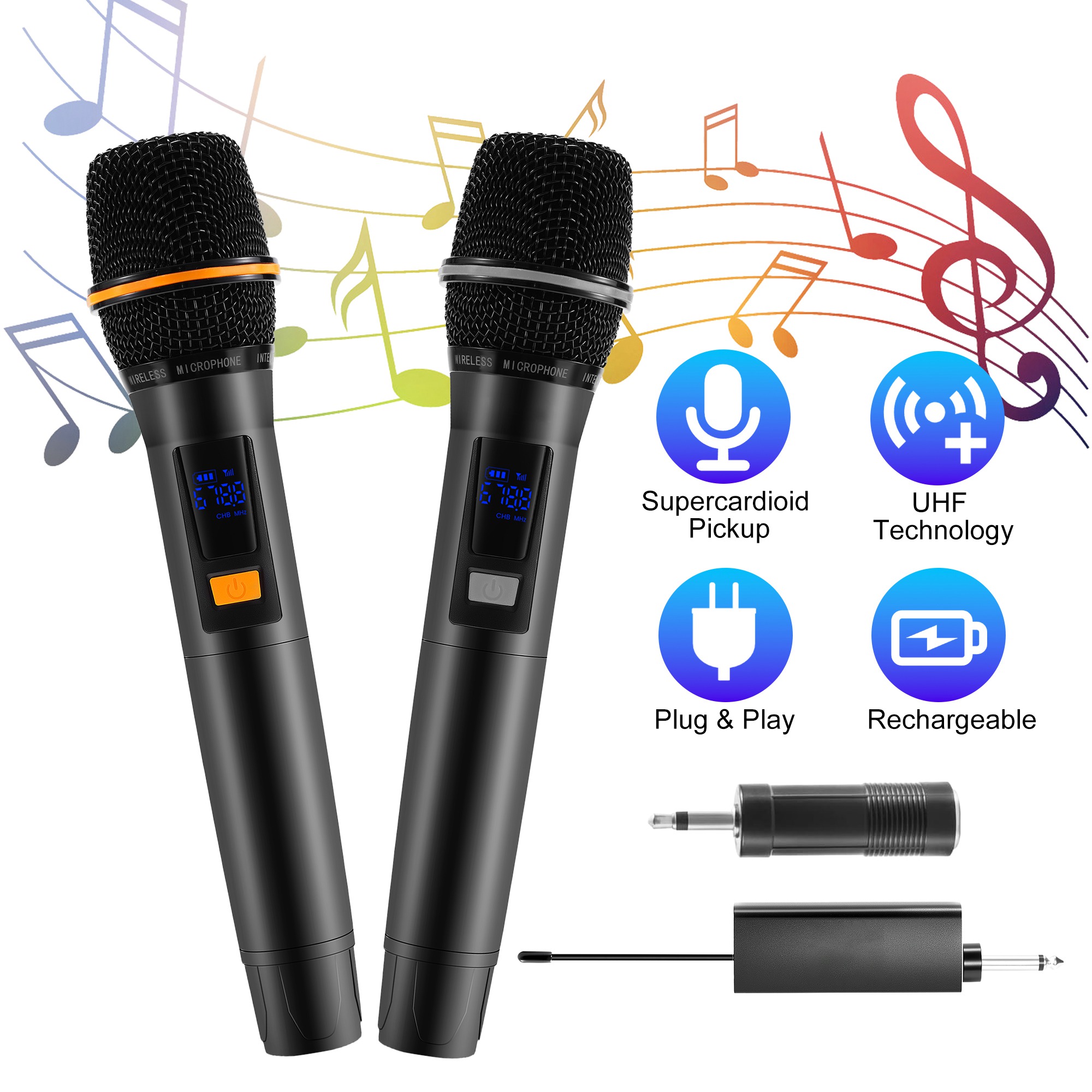 2Pc UHF Wireless Microphones Rechargeable Wireless Microphones Metal Handheld Dynamic Mics With 262FT Range For Karaoke Party DJ Wedding Speech Outdoor Events