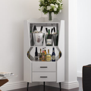 Wooden Corner Bar Cabinet With 2 Open Storage Shelves And 2 Drawers, Mirrored Back Sideboard Cabinet, High Feet Legs For Easy Cleaning, Buffet Cabinet WHITE