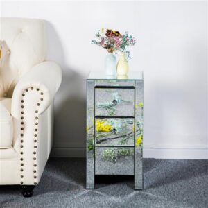 Mirror Bedside Table - Three Drawers, Silver Color