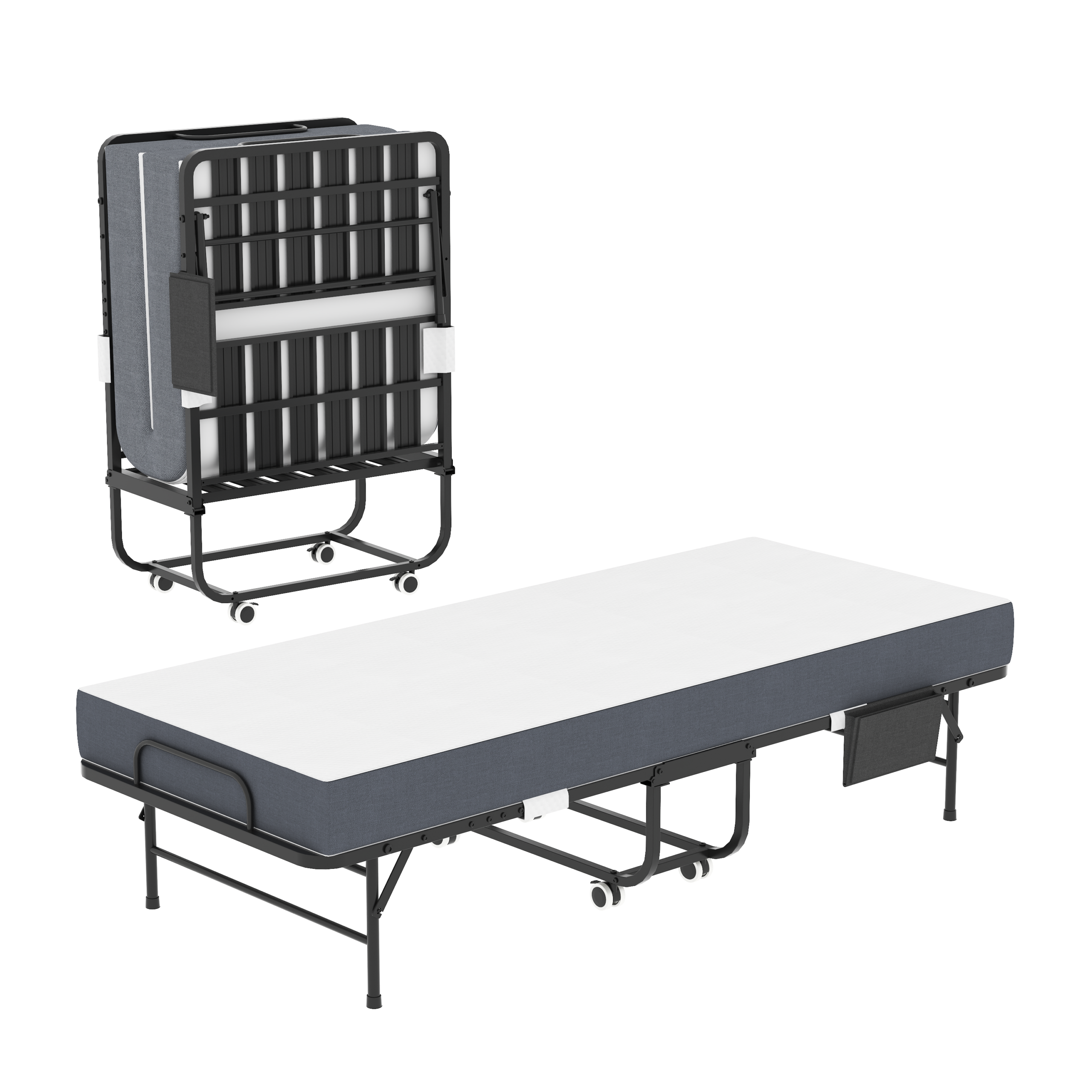 75 Inch Folding Bed With 5 Memory Foam Mattress, Space Saving Rollaway Guest Bed, Heavy-Duty Metal Frame On Wheels, Portable Twin Bed For Adults & Guests