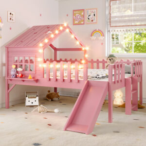Full Size House Loft Bed With Slide,Playhouse Bed With Star-shaped Designs And Window, Chic Design With LED Lights,No Box Spring Needed,Pink