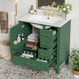 Traditional 30 Green Bathroom Vanity Set, Floor Standing, With Three Drawers, Soft Close Doors, With Long Gold Metal Handles - Perfect For Small Bathrooms