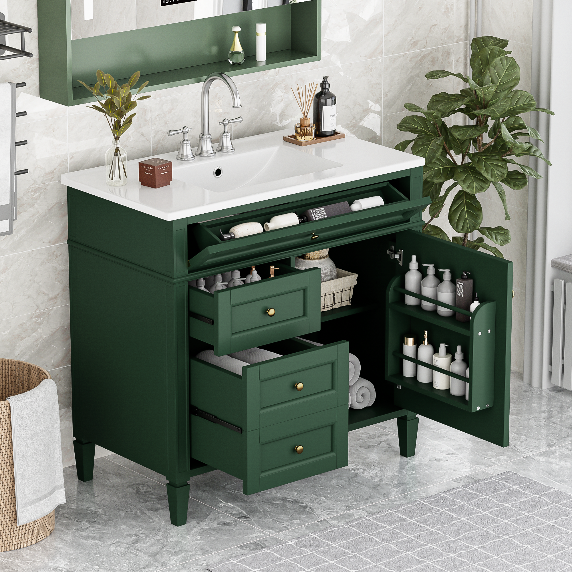 36'' Bathroom Vanity with Top Sink, Modern Bathroom Storage Cabinet with 2 Drawers and a Tip-out Drawer, Single Sink Bathroom Vanity