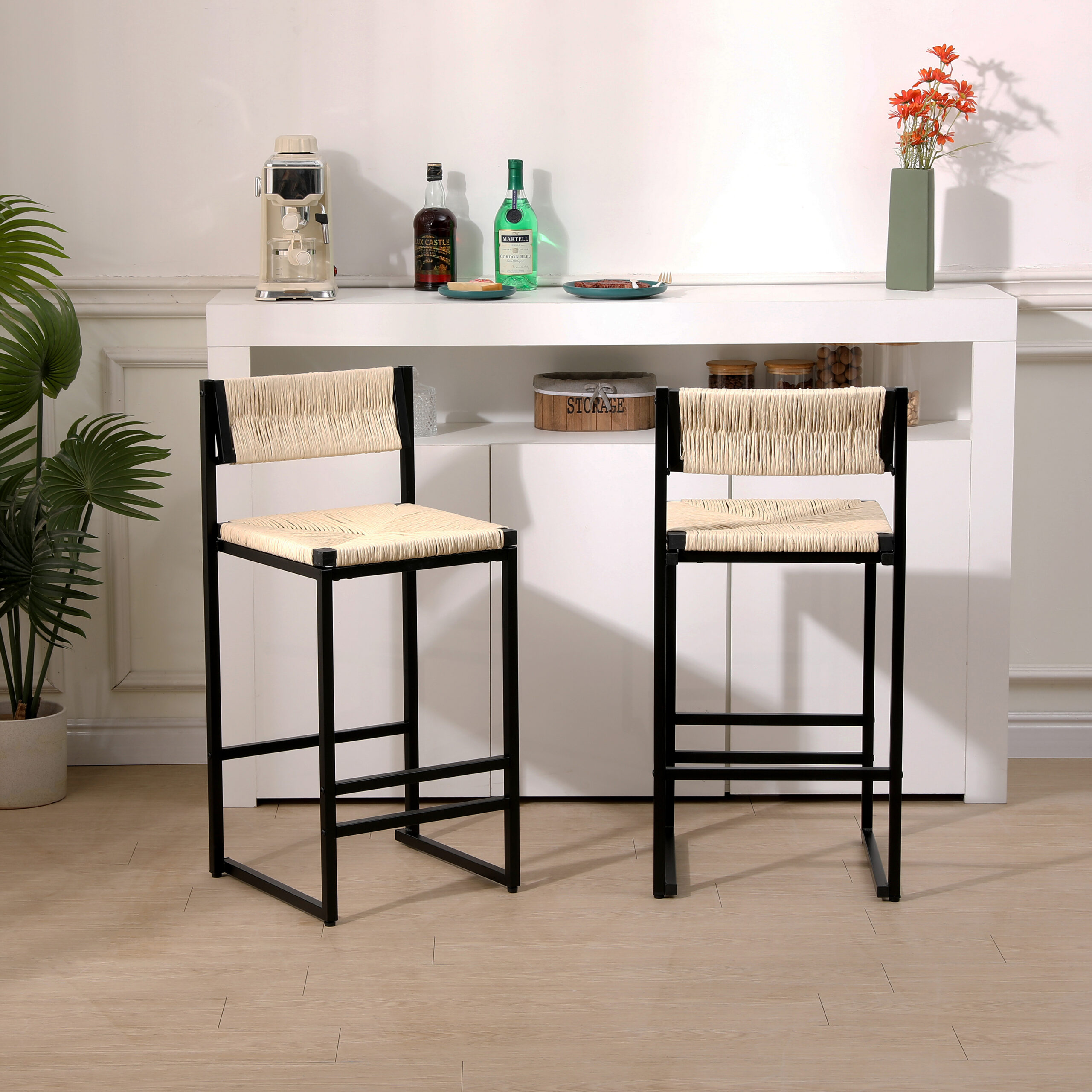 Creamy White Paper Rope Woven Bar Stools Set Of 2 Hand Weave Counter Stool With Footrest For Kitchen Island, Dining Room Creamy White