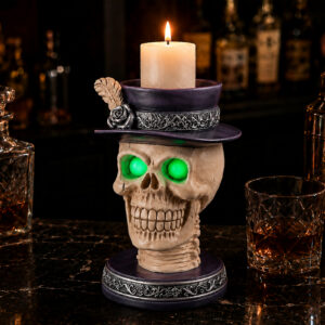 Not For Sale On Wayfair--- Halloween Skull Candle Holder With Glowing Green Eyes, Gothic Skeleton Head Statue With Feather Top Hat, Spooky Tabletop Decor