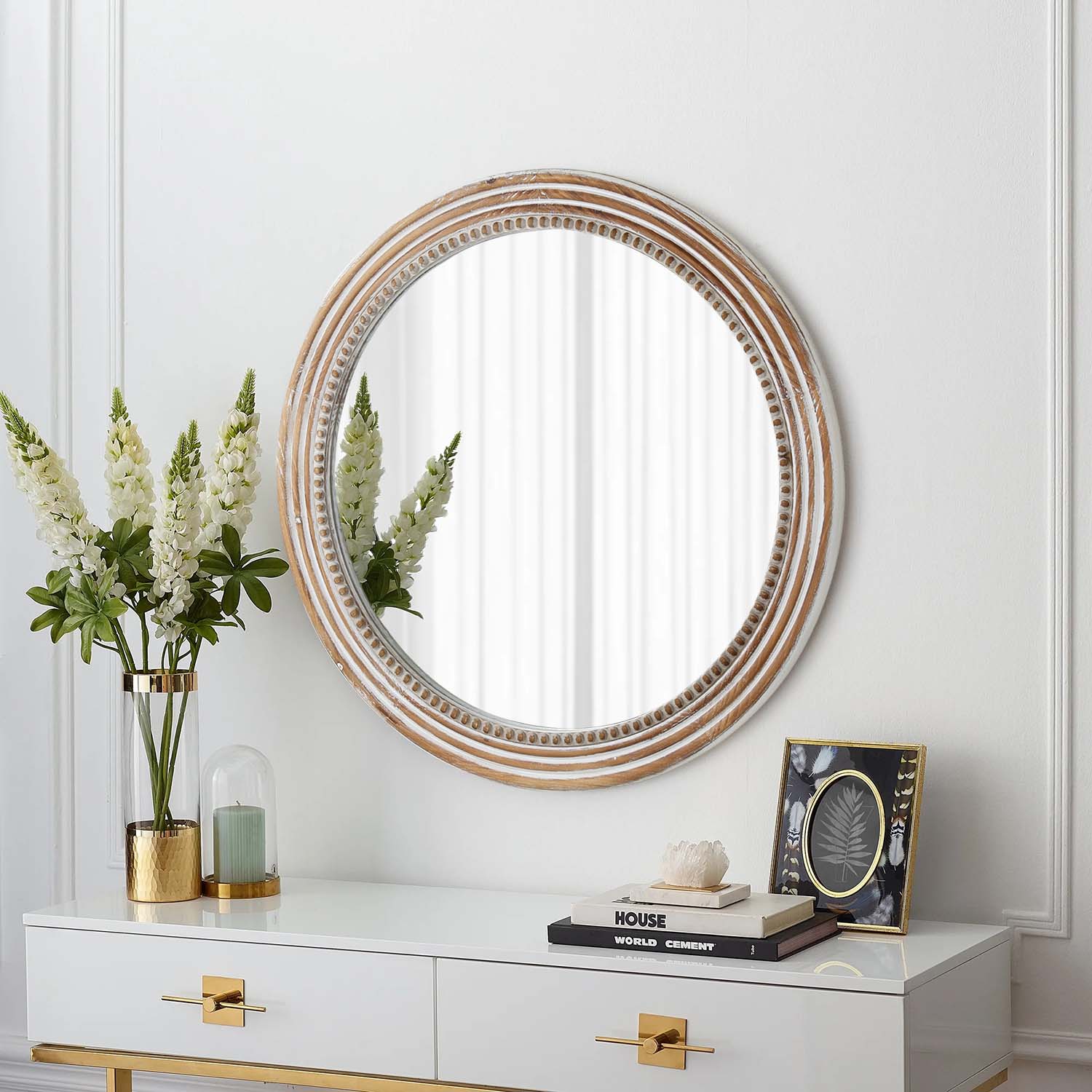 Rustic Round Wall Mirror, 23.62 Inches Wood Circle Mirror With Beads, Decorative Farmhouse Mirror For Living Room, Bedroom, Kitchen, Entryway White