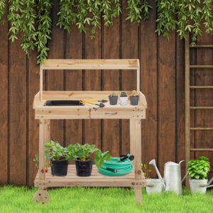 36" Wooden Potting Bench Work Table with 2 Removable Wheels, Garden Workstation with Removable Sink, Drawer & Large Storage Spaces, Natural