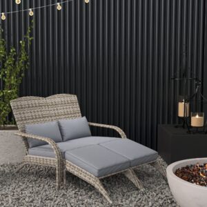Wicker Adirondack Chair for 2 with Cushions & Footrests, PE Rattan Double Chaise Lounge Chair, Fire Pit Chair for Porch with Wide Armrests, High-back, Gray