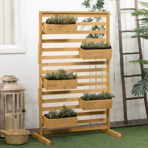 Wooden Plant Trellis Stand with 5 Hanging Planter Boxes, Freestanding Outdoor Plant Stand for Patio, Garden, Balcony, Porch