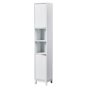 White particleboard with melamine veneer and MDF grid vacuum forming, 30*28*170cm, two doors and two shelves, bathroom vanity