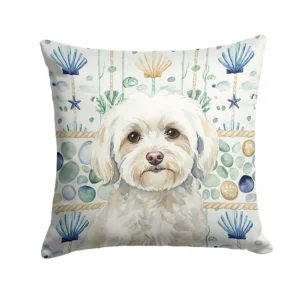 White Havanese Coastal Sea Glass Throw Pillow Decorative Indoor Outdoor Accent Cushion for Couch, Bed or Patio, 18Hx18W
