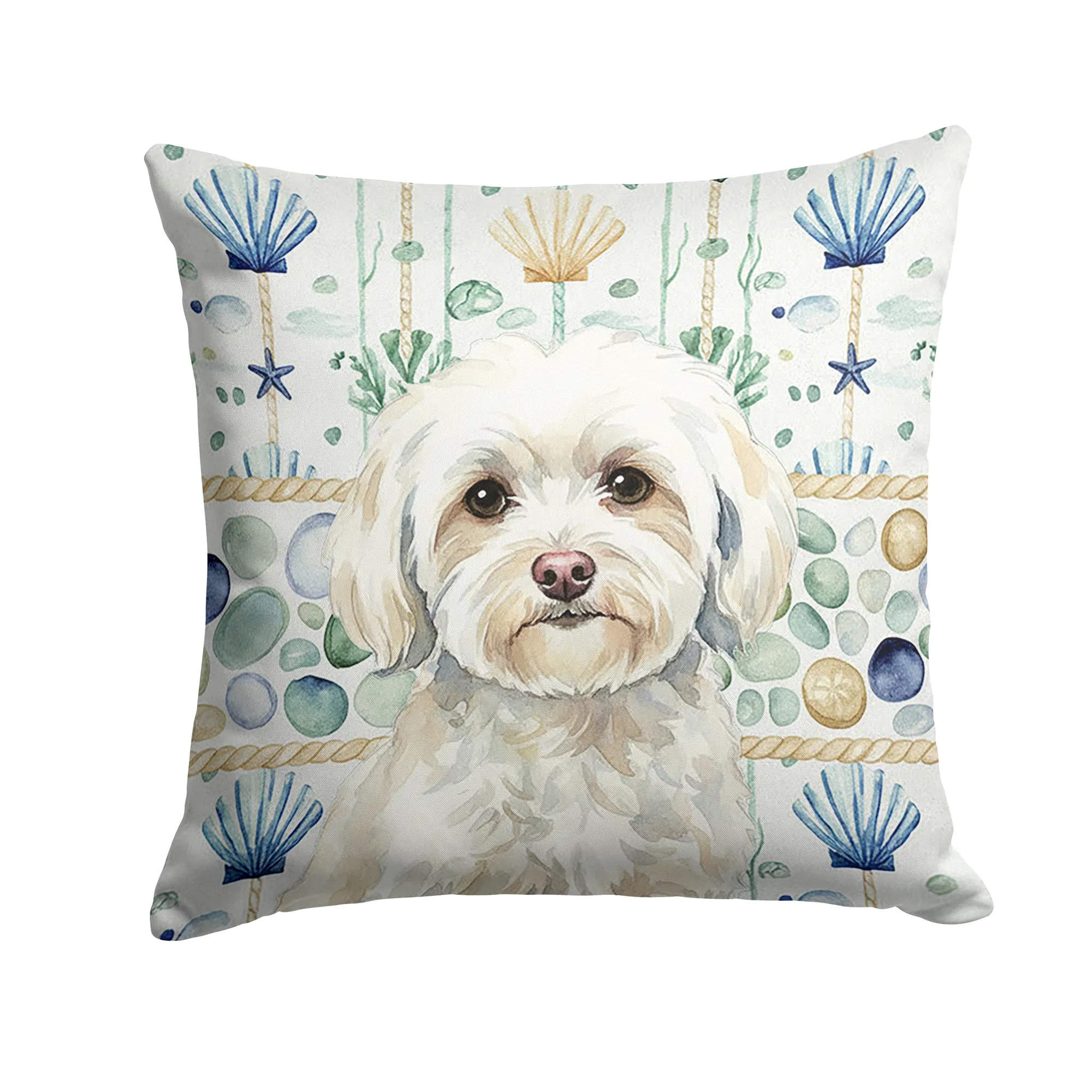 White Havanese Coastal Sea Glass Throw Pillow Decorative Indoor Outdoor Accent Cushion for Couch, Bed or Patio, 18Hx18W
