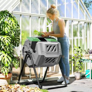 Tumbling Compost Bin Outdoor 360° Dual Chamber Rotating Composter 43 Gallon, Light Gray