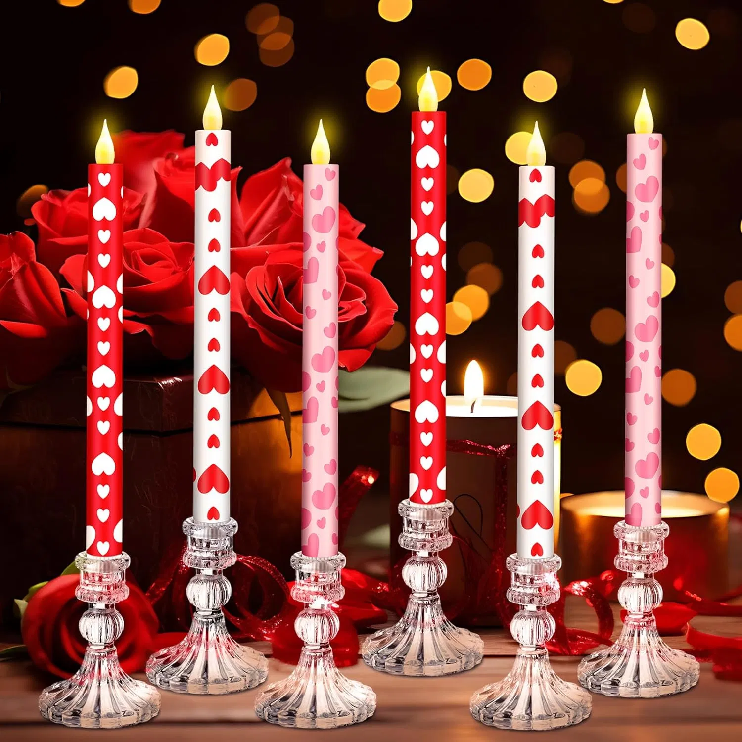 6 Pcs Valentine Day Flameless Taper Candles 10.6 Inch Heart Shaped Candles Battery Operated LED Candlesticks for Valentine Wedding Anniversary Dinner Table Home Party Decor
