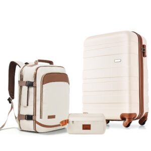 3-Piece Luggage Set - 20in Checked Suitcase with TSA Lock Travel Duffel Bag Wet-Dry Toiletry Bag,ivory and brown