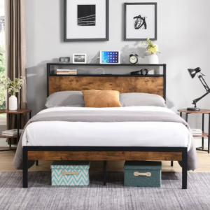 Queen Size Metal Platform Bed Frame With Wooden Headboard And Footboard With USB LINER